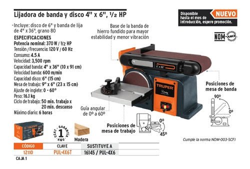 Lijadora de Banco Truper 4"x36" con Disco de 6" ½ HP | ¡Promoción Aniversario!
