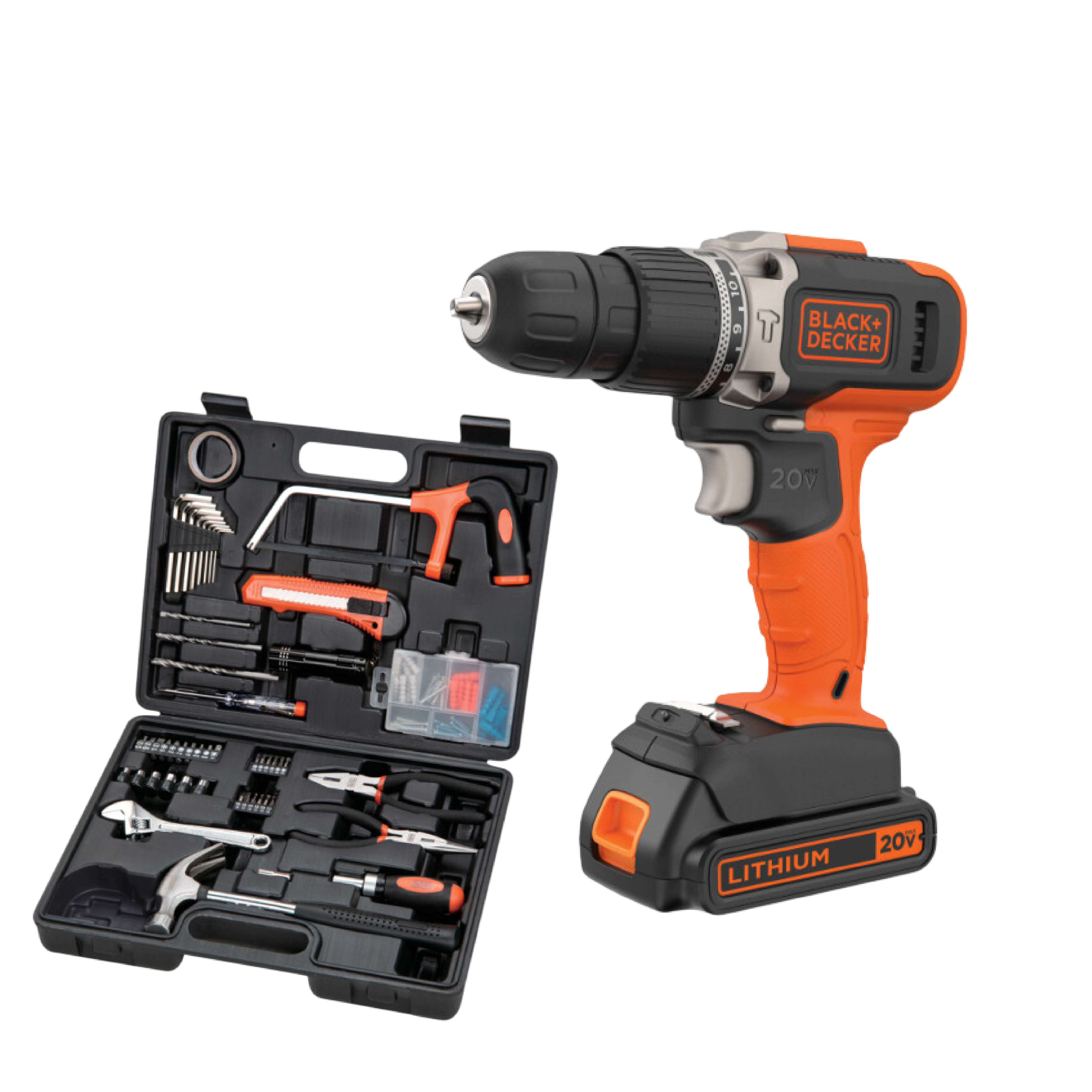 Taladro Atornillador Inalámbrico 20V BLACK+DECKER + Set de 107 Herramientas | ¡Promoción Especial!