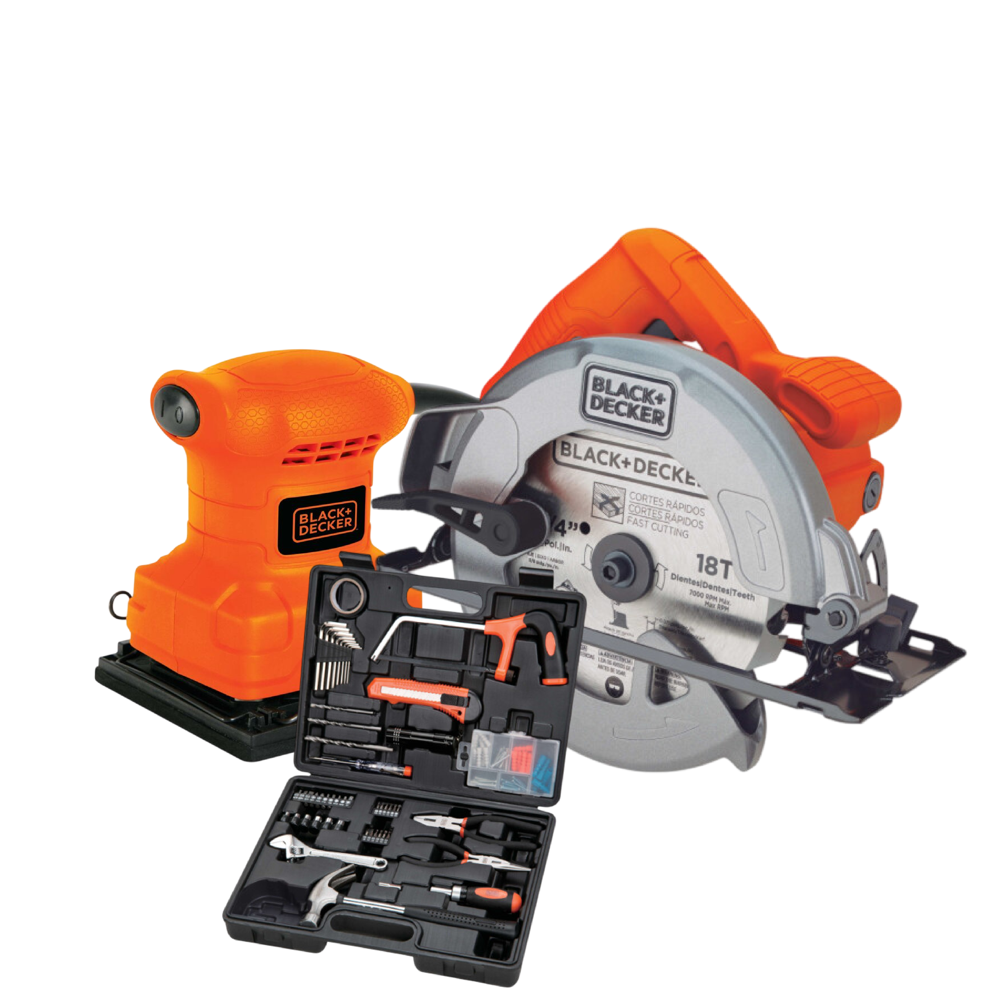 Combo BLACK+DECKER: Lijadora Orbital ¼" + Sierra Circular 7-1/4" con Set de 107 Herramientas ¡Promoción Especial!