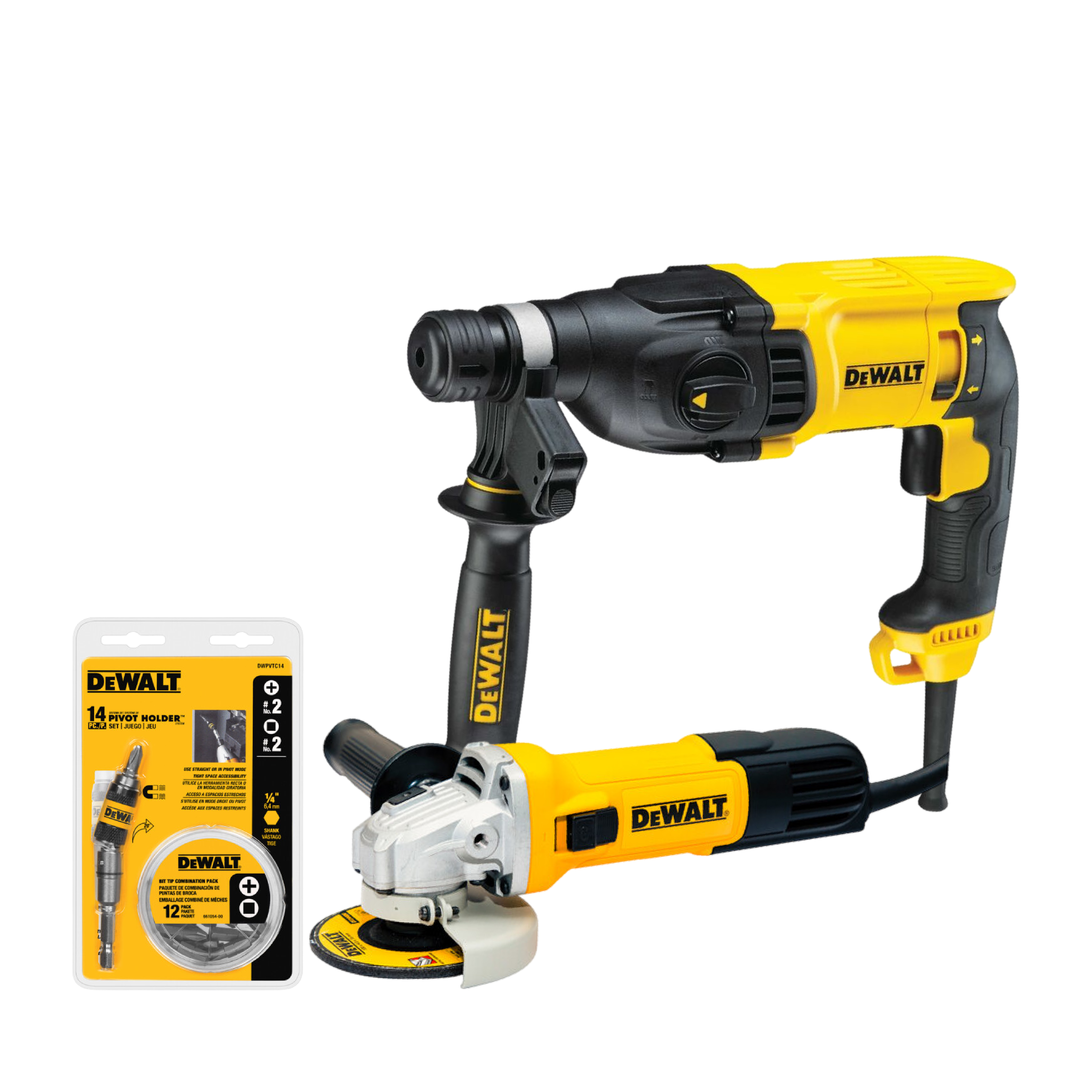 Combo Rotomartillo SDS Plus 2.9J + Pulidora 4-1/2" 750W DEWALT + Set de 14 Puntas DWPVTC14 | ¡Promoción Especial!