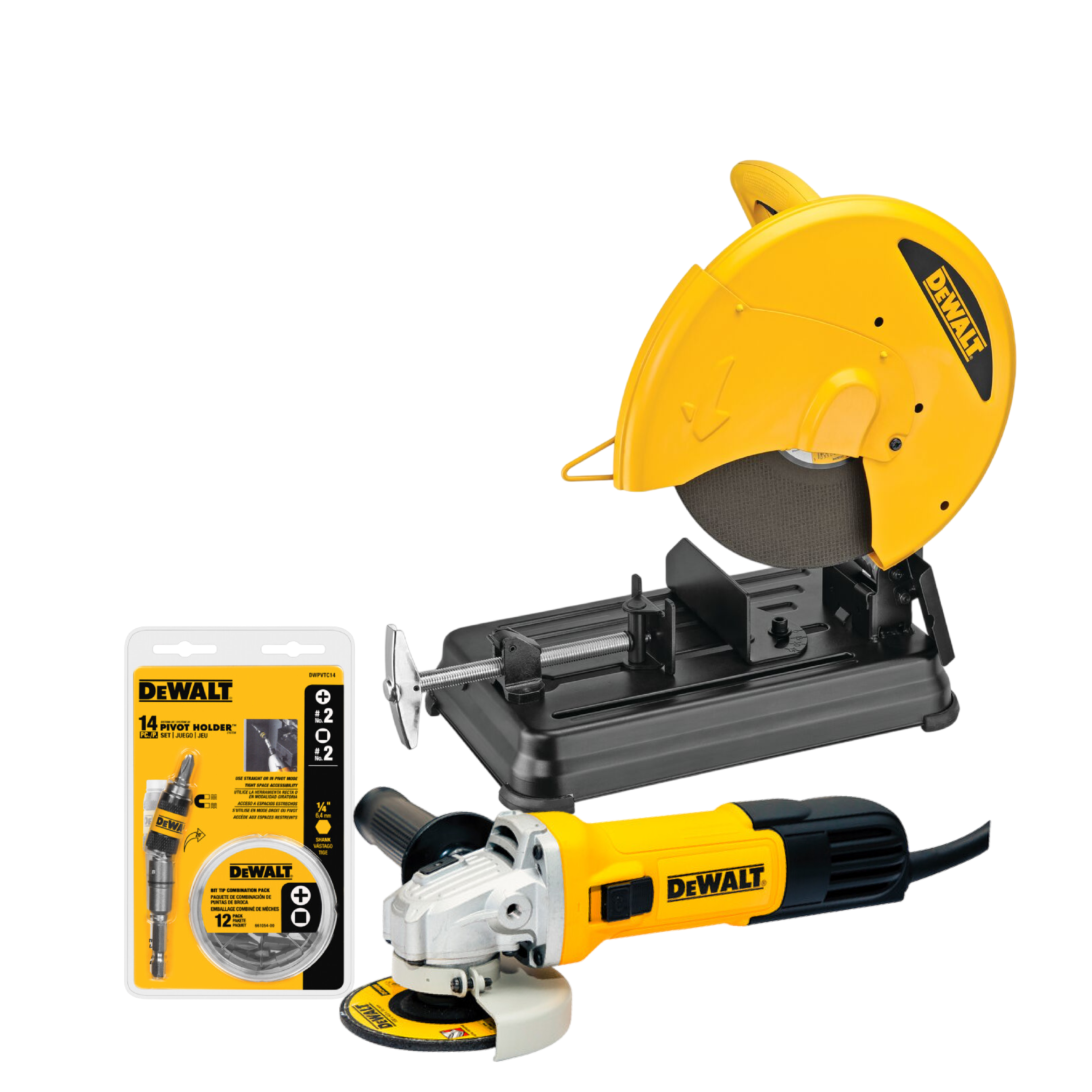 Combo Tronzadora 14" 2300W D28730 + Pulidora 4-1/2" 750W DWE750 DEWALT + Set de 14 Puntas DWPVTC14 | ¡Promoción Especial!