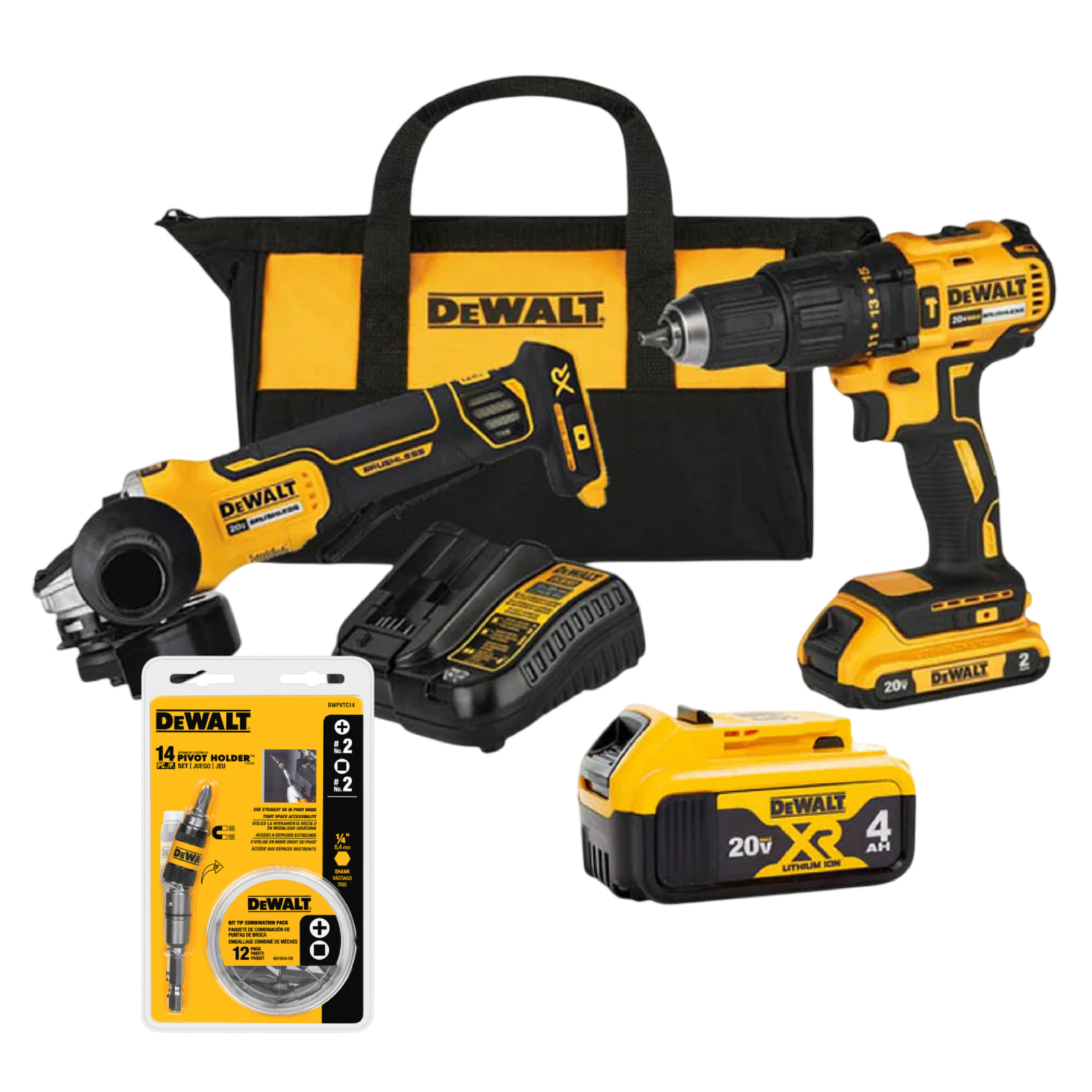 Combo Taladro Percutor 20V + Pulidora Inalámbrica 4-1/2" DEWALT DCD7781D1-B3A + Batería 4.0Ah DCB204 + Set de 14 Puntas DWPVTC14 | ¡Promoción Especial!
