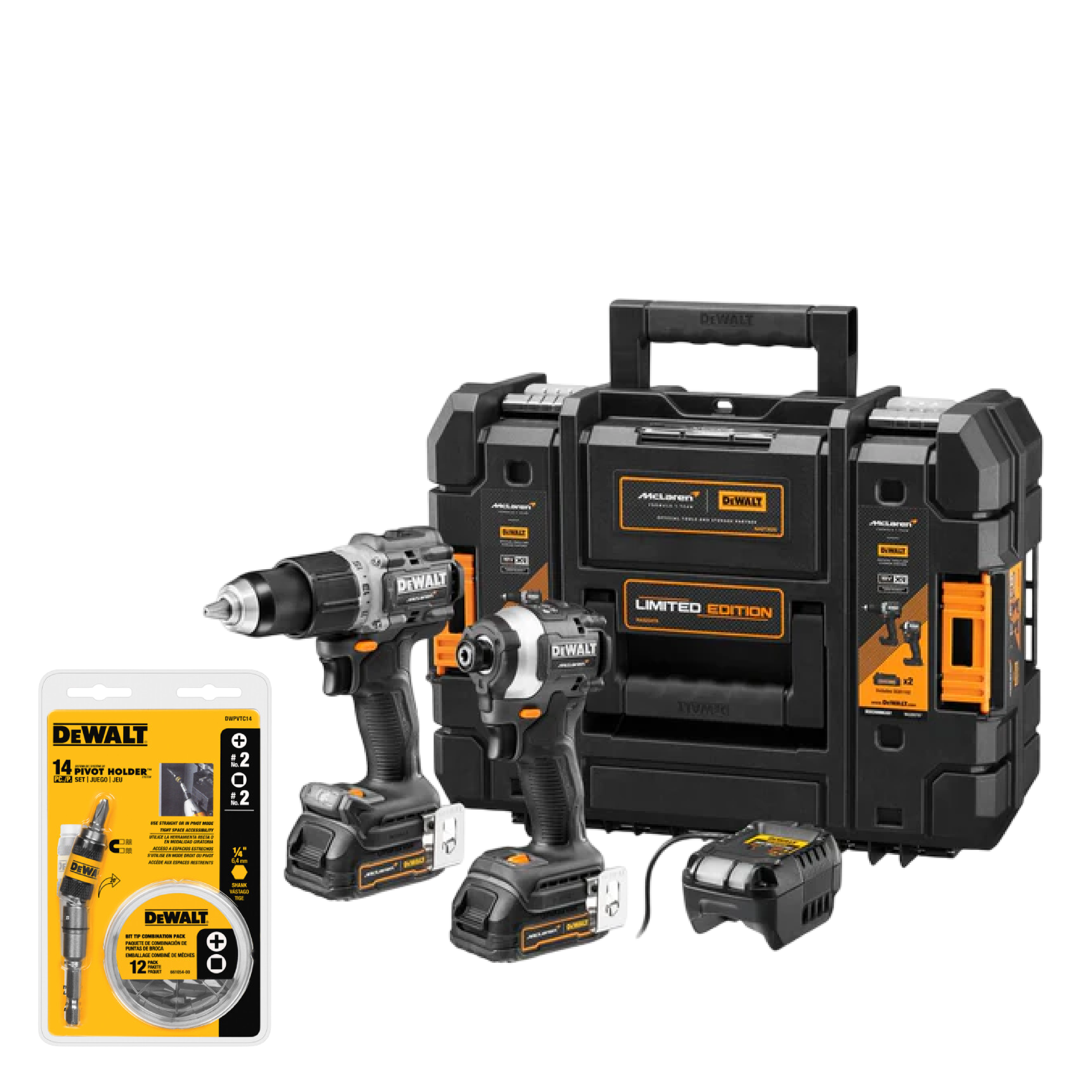 Combo Taladro Percutor 1/2" + Atornillador de Impacto 1/4" 20V Brushless Edición Especial McLaren DEWALT DCK200ME2GT-B3 + Set de 14 Puntas DWPVTC14 | ¡Promoción Especial!