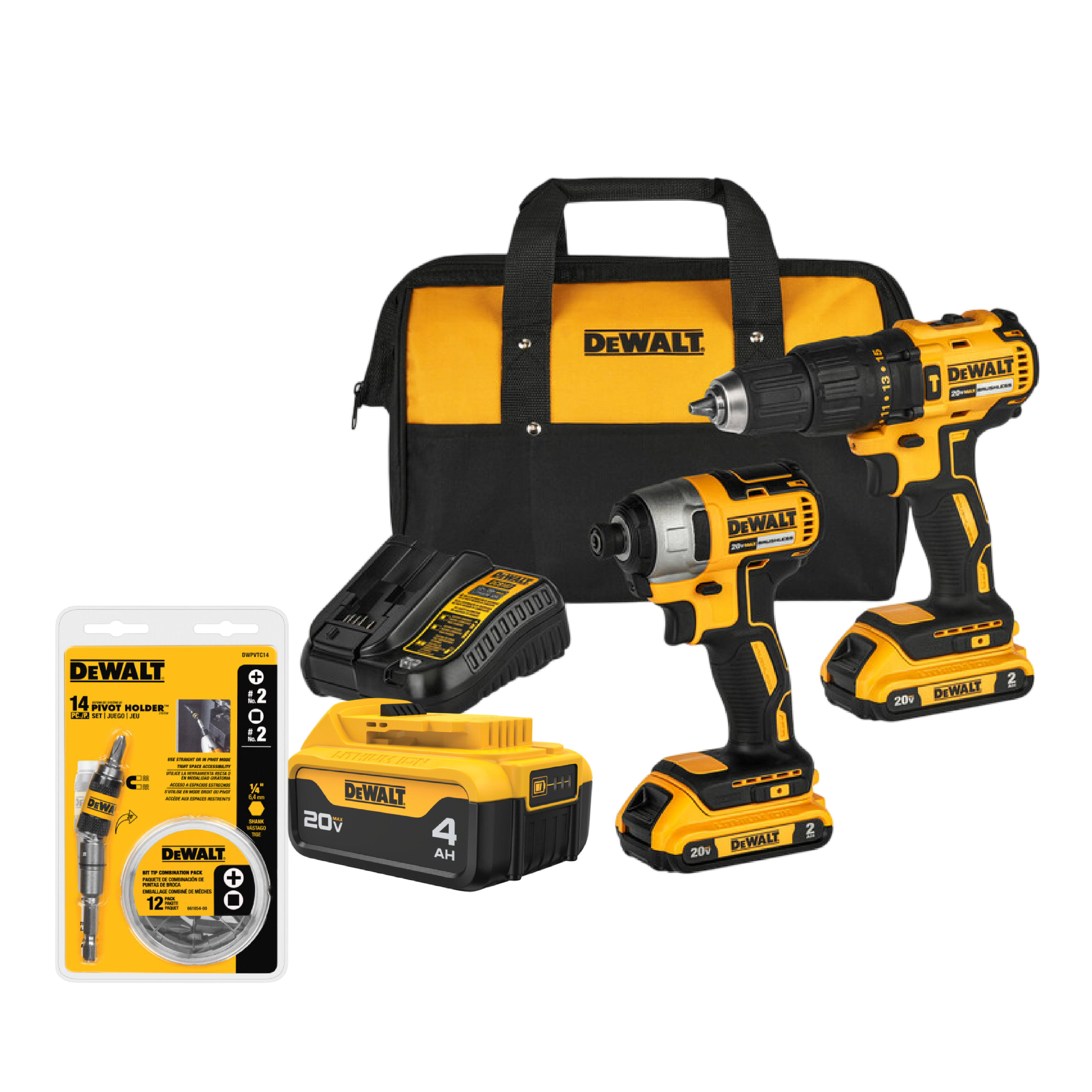 Combo Taladro Percutor 1/2" + Atornillador de Impacto 1/4" 20V DEWALT DCK276D2-B3A + Batería 4.0Ah DCB204 + Set de 14 Puntas DWPVTC14 | ¡Promoción Especial!