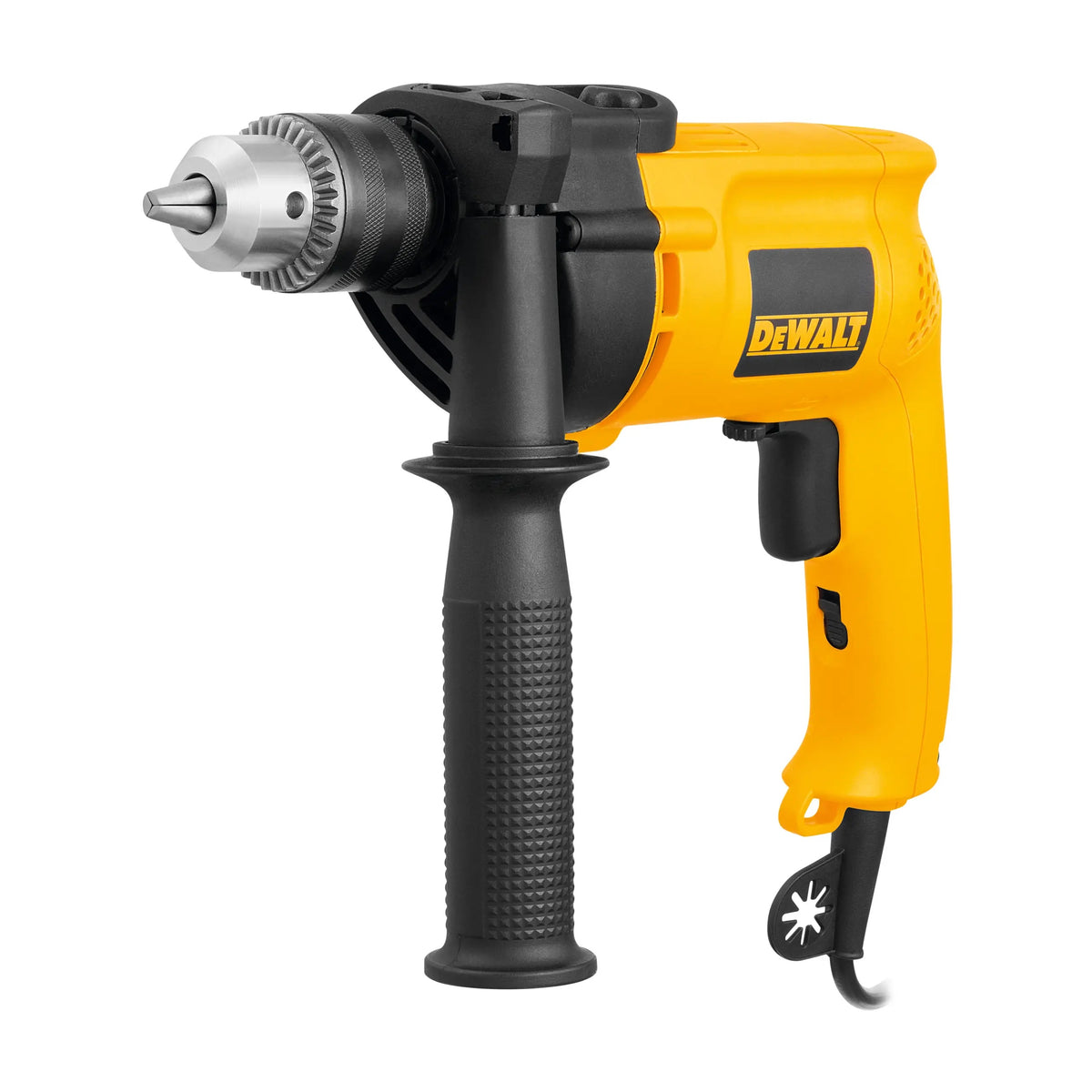 Taladro percutor DEWALT DW508S-B3 de 1/2 pulgada con mango lateral, vista frontal en fondo blanco