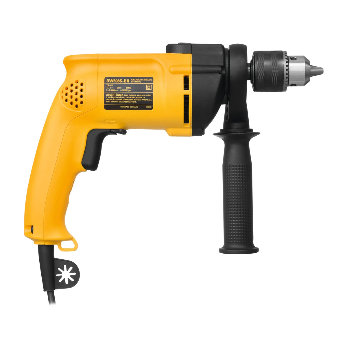 Taladro percutor DEWALT DW508S-B3 vista lateral derecha con placa de datos