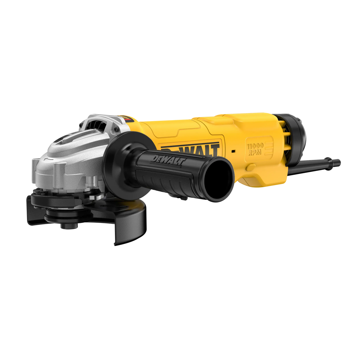 Minipulidora DEWALT DWE4314-B3 de 1500W vista de tres cuartos con empuñadura lateral y guarda