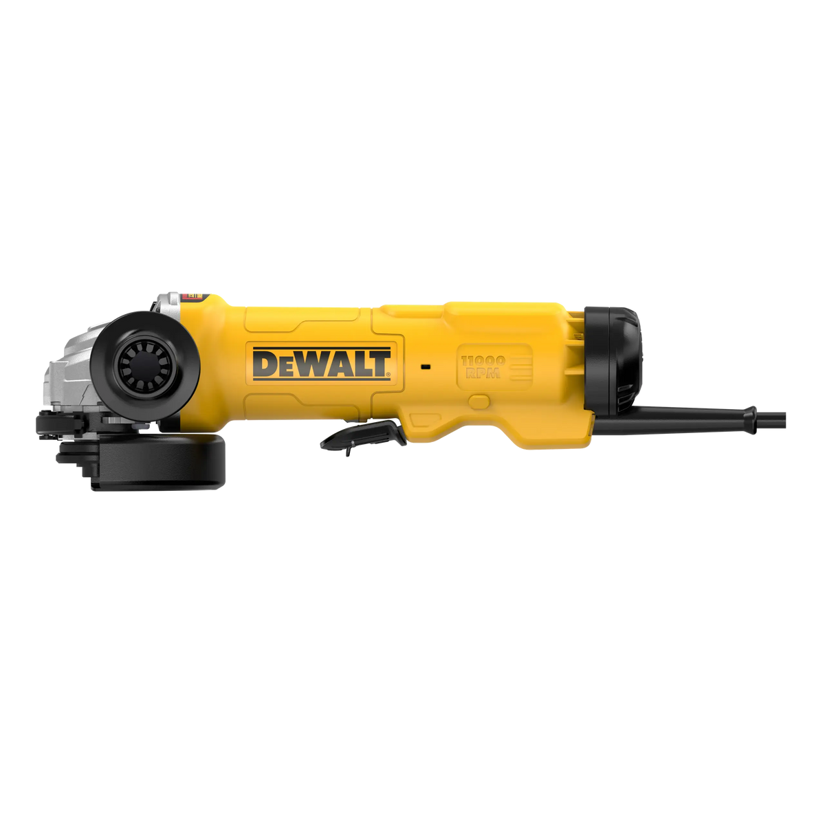 Vista lateral de la minipulidora DEWALT DWE4314-B3 con guarda y cable