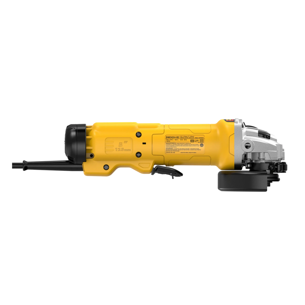 Lateral de la minipulidora DEWALT DWE4314-B3 con placa de datos 120V 1500W