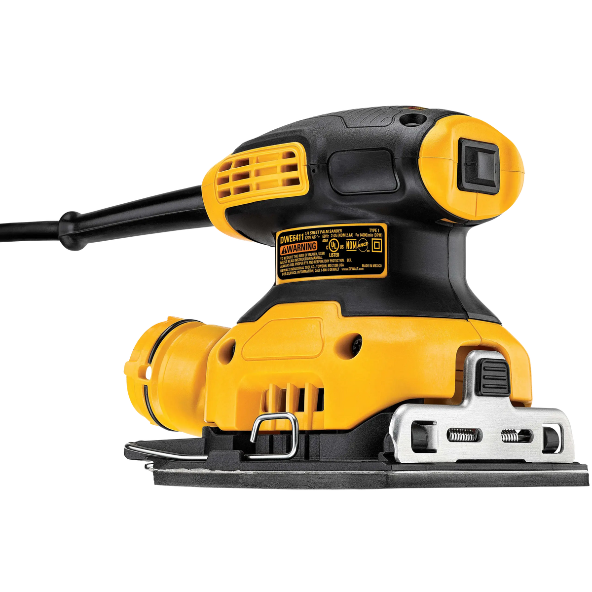 Lijadora DEWALT DWE6411-B3 sin bolsa, mostrando el puerto de polvo y la abrazadera de lija
