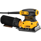 Vista lateral de la lijadora DEWALT DWE6411-B3 con bolsa recolectora y placa de datos