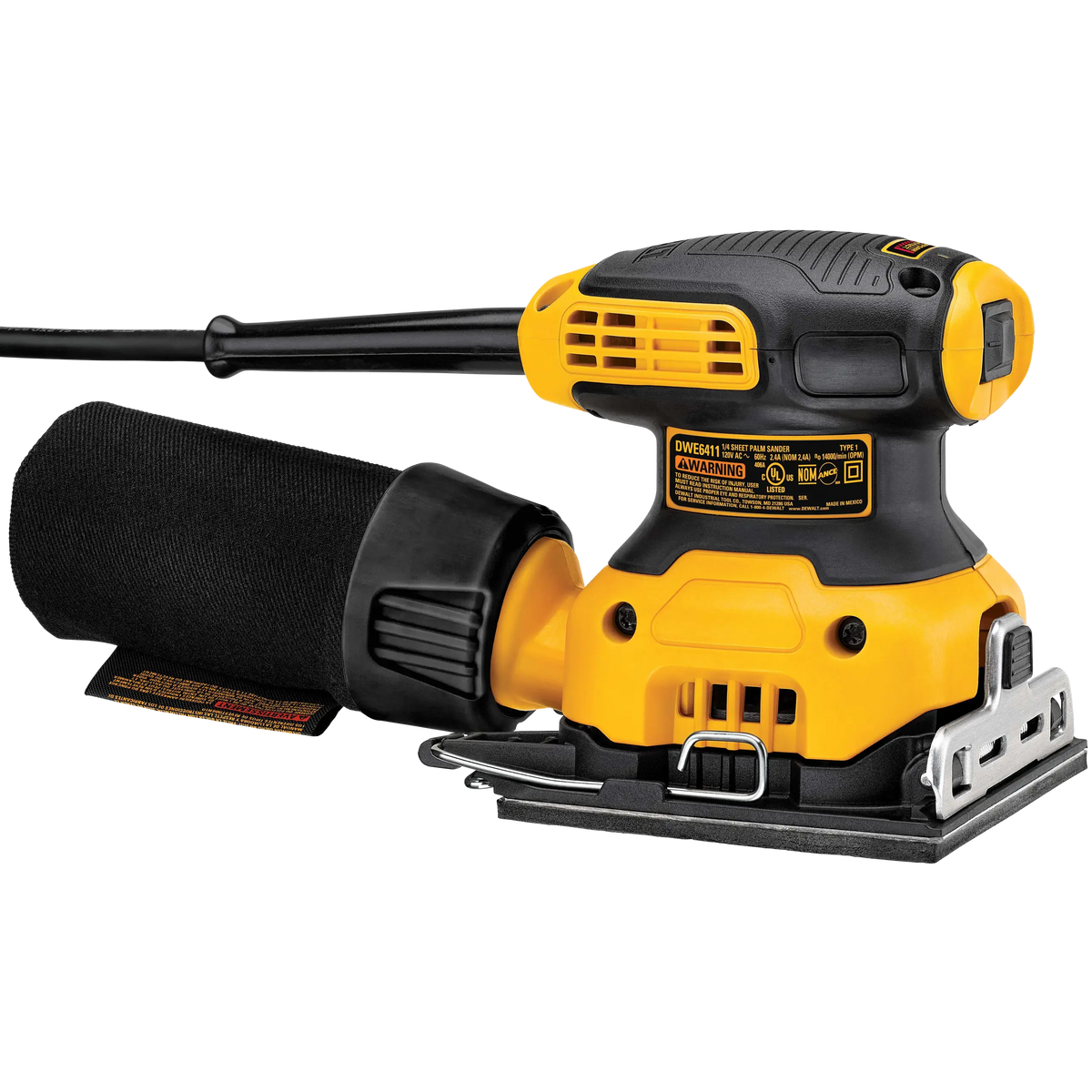 Vista lateral de la lijadora DEWALT DWE6411-B3 con bolsa recolectora y placa de datos