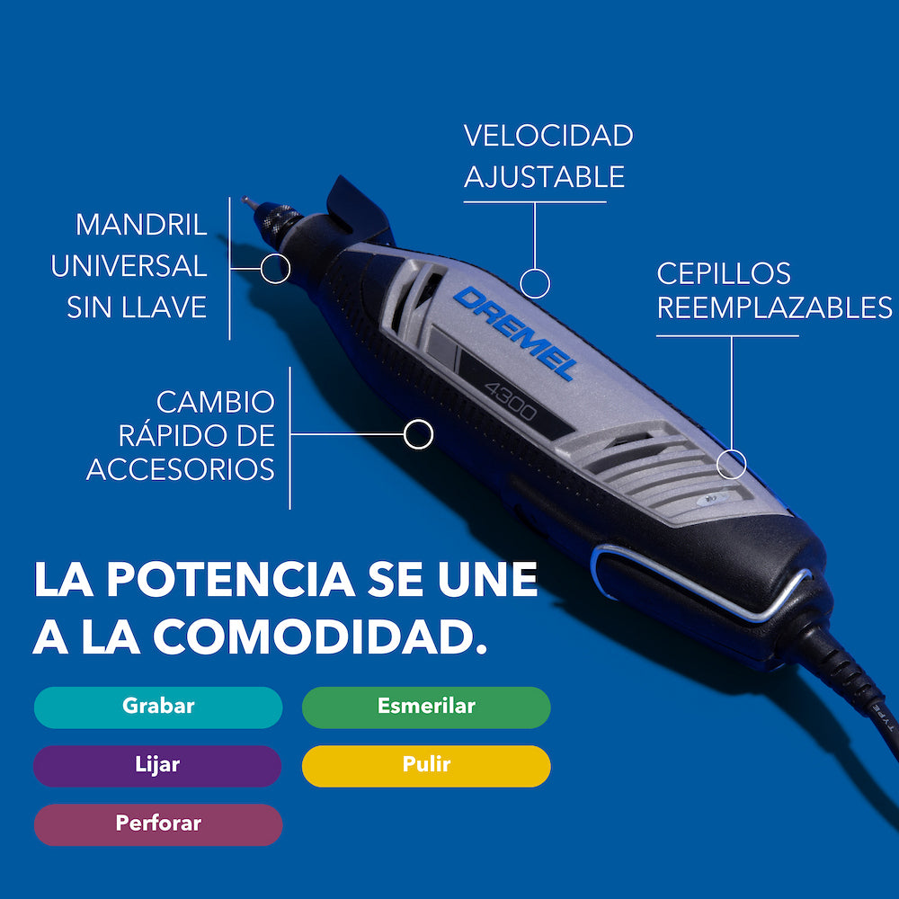 Multiherramienta Dremel 4300 Mototool con 40 Accesorios, 5 Aditamentos y Maletín