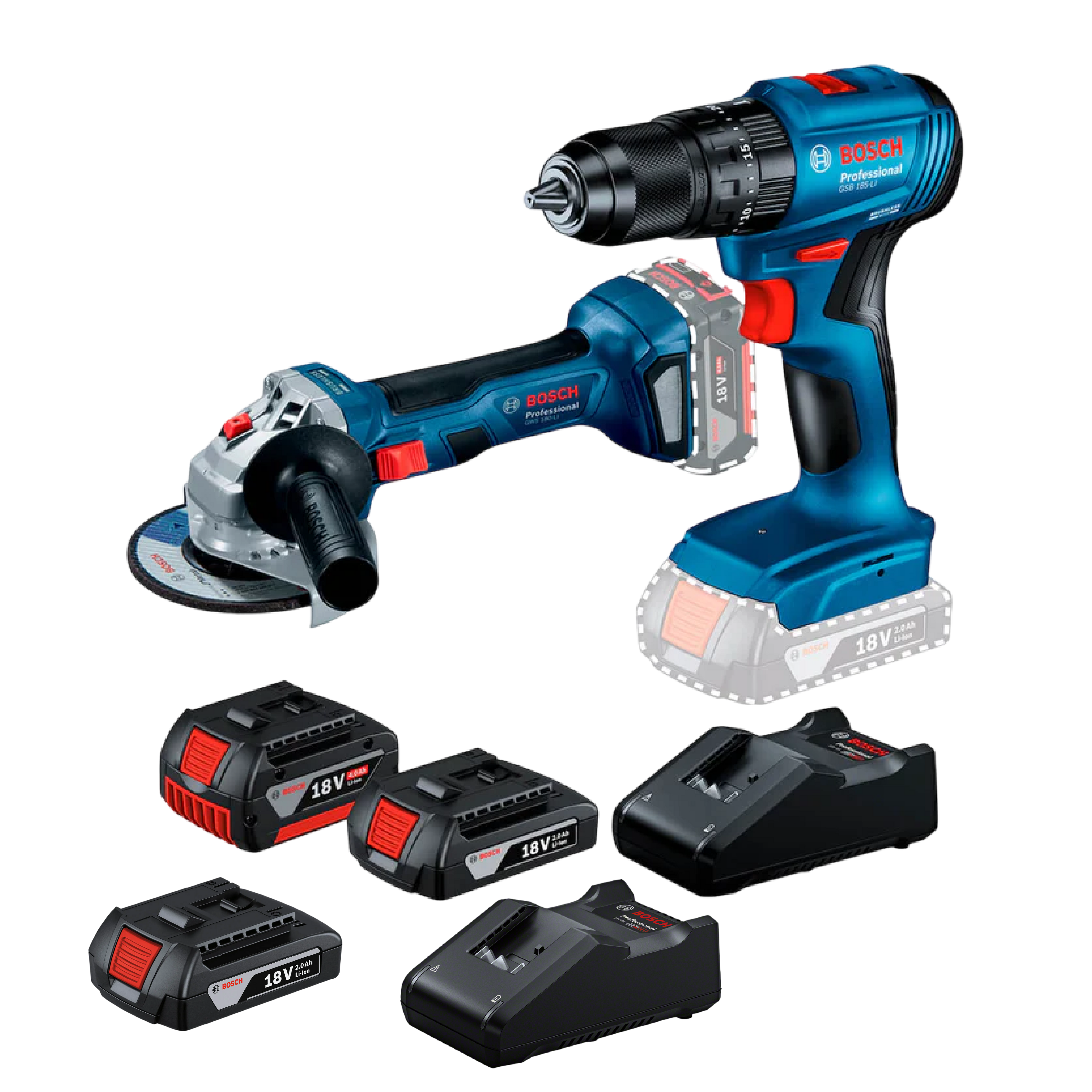 Combo de Taladro Percutor ½” + Pulidora Incluye 2 Baterias de 2.0AH, 1 Bateria de 4.0AH, 2 Cargadores Bosch | Ref. GSB183LI+GWS18V