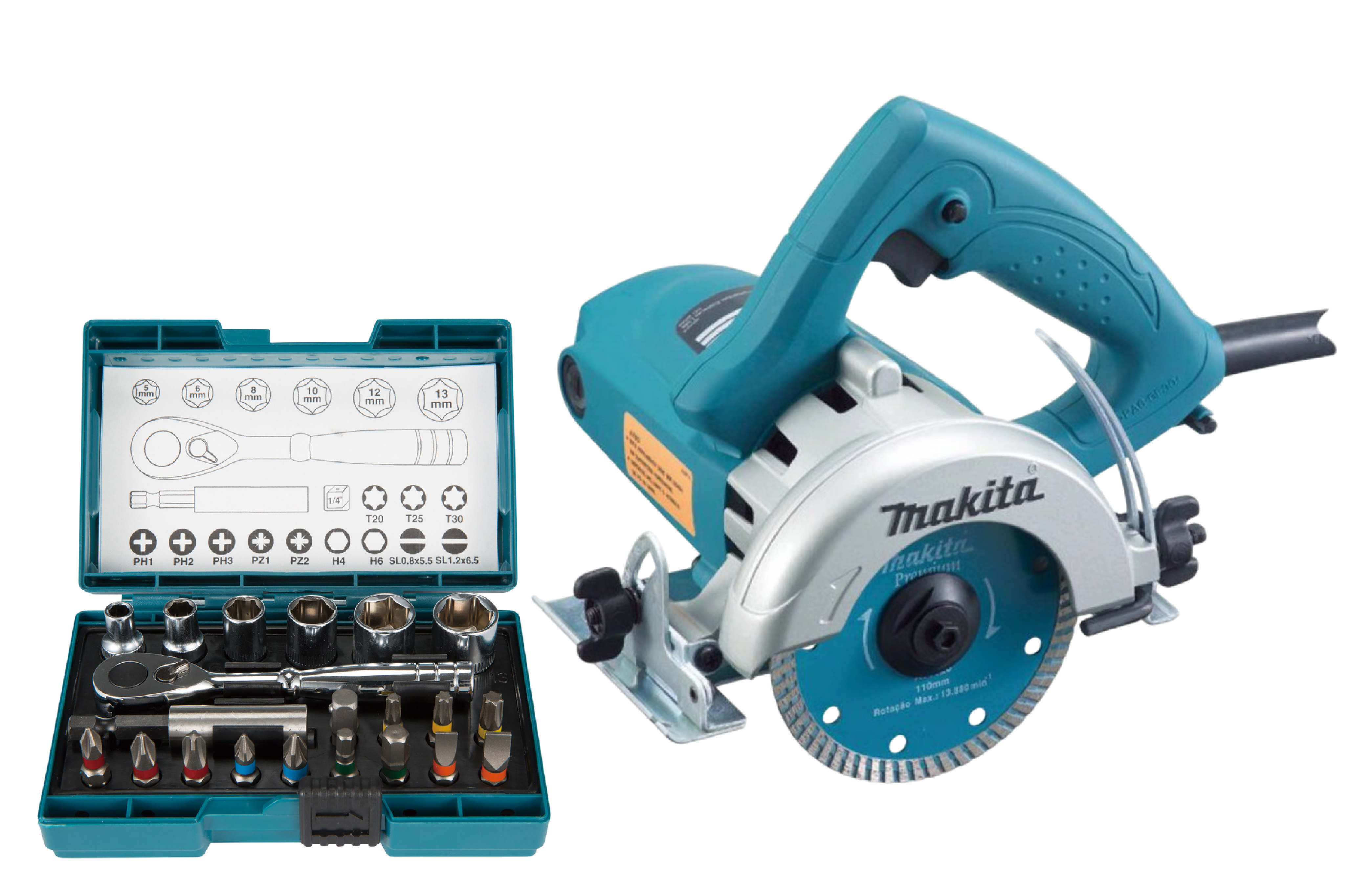 Sierra Mármol 4-3/8" 1200W 13,800 RPM Makita M0400BC + Set de 21 Piezas Makita B-54081 | ¡Promoción Especial!