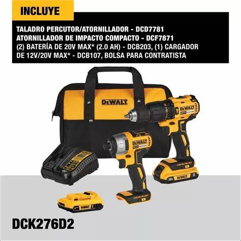 Combo Taladro Percutor 1/2" + Atornillador de Impacto 1/4" 20V DEWALT DCK276D2-B3A + Batería 4.0Ah DCB204 + Set de 14 Puntas DWPVTC14 | ¡Promoción Especial!
