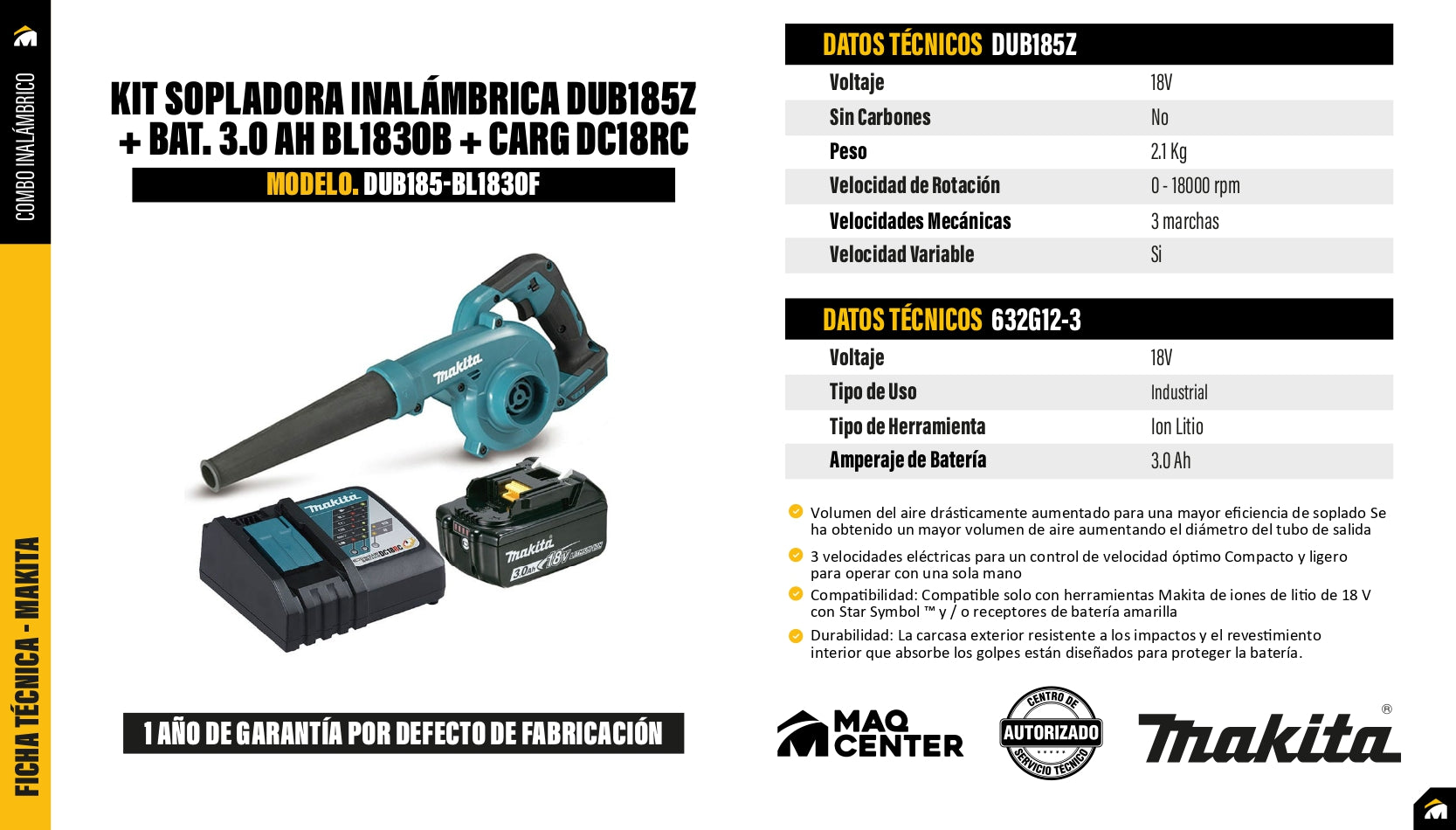 Sopladora Inalámbrica 18V LXT Makita + Batería 3.0Ah + Cargador