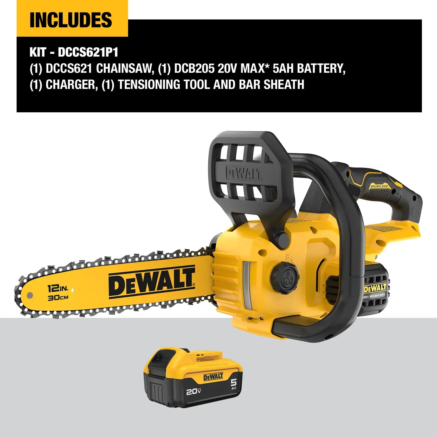 Motosierra 20V 12" con 1 Bateria de 5.0 AH y Cargador Dewalt DCCS621P1 ¡PROMOCIÓN FERIA FERRETERA!